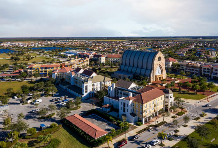 Ave Maria Town Center and Catholic Church aerial, 2023