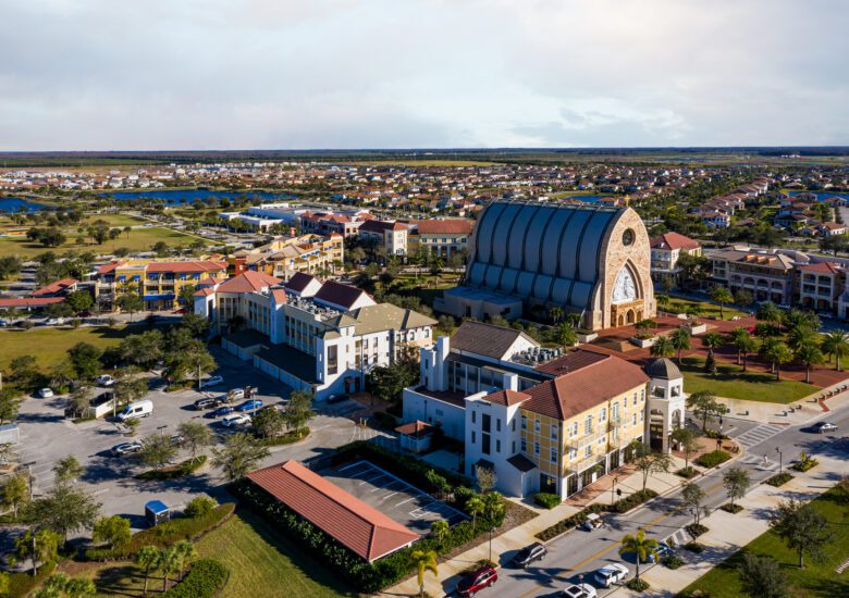 Ave Maria Town Center and Catholic Church aerial, 2023